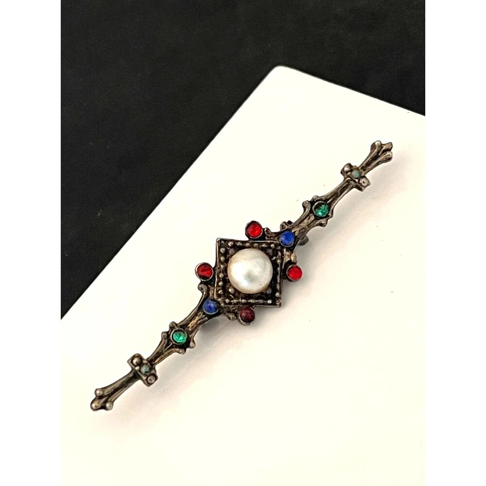 Vintage 1980s Bar Brooch Faux Pearl Rhinestone Gothic Revival - 1I